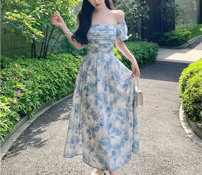 Summer New Square Neck Bubble Sleeve Dress Elegant Women's High Grade Oil Painting Dress Long Dress