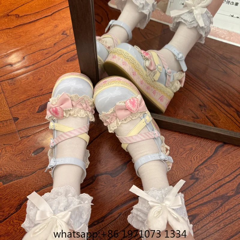 Sweet Girls Lolita Flat Platform ,Female Students Lace Strawberry Bowknots Cute Marry Jane Elevator Shoes