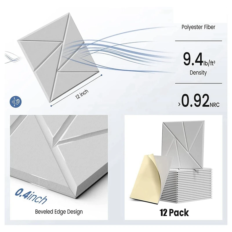 24 Pack Acoustic Panels With Self-Adhesive, 12X 12X 0.4Inch Sound Proof Foam Panels,Sound Panels High Density, White