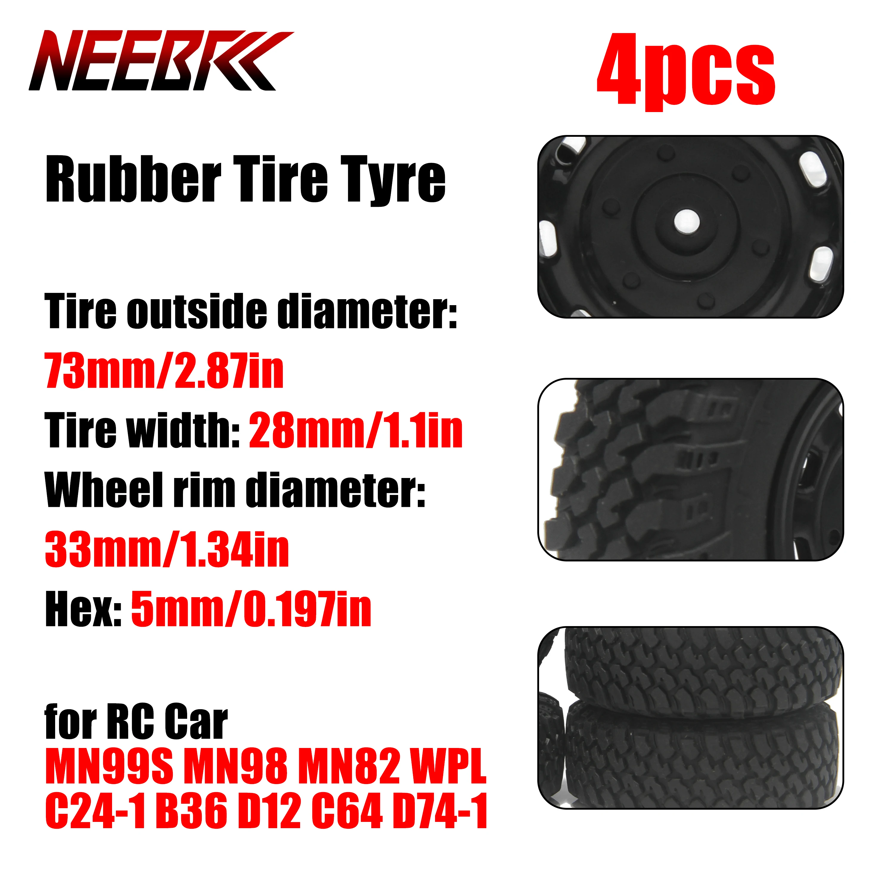 4PCS 73 millimetri Cerchione In Gomma Pneumatico Pneumatico 5 millimetri Mozzo Esagonale per RC Fuoristrada Auto MN99S MN98 MN82 WPL C24-1 B36 D12 C64 D74-1 Parte