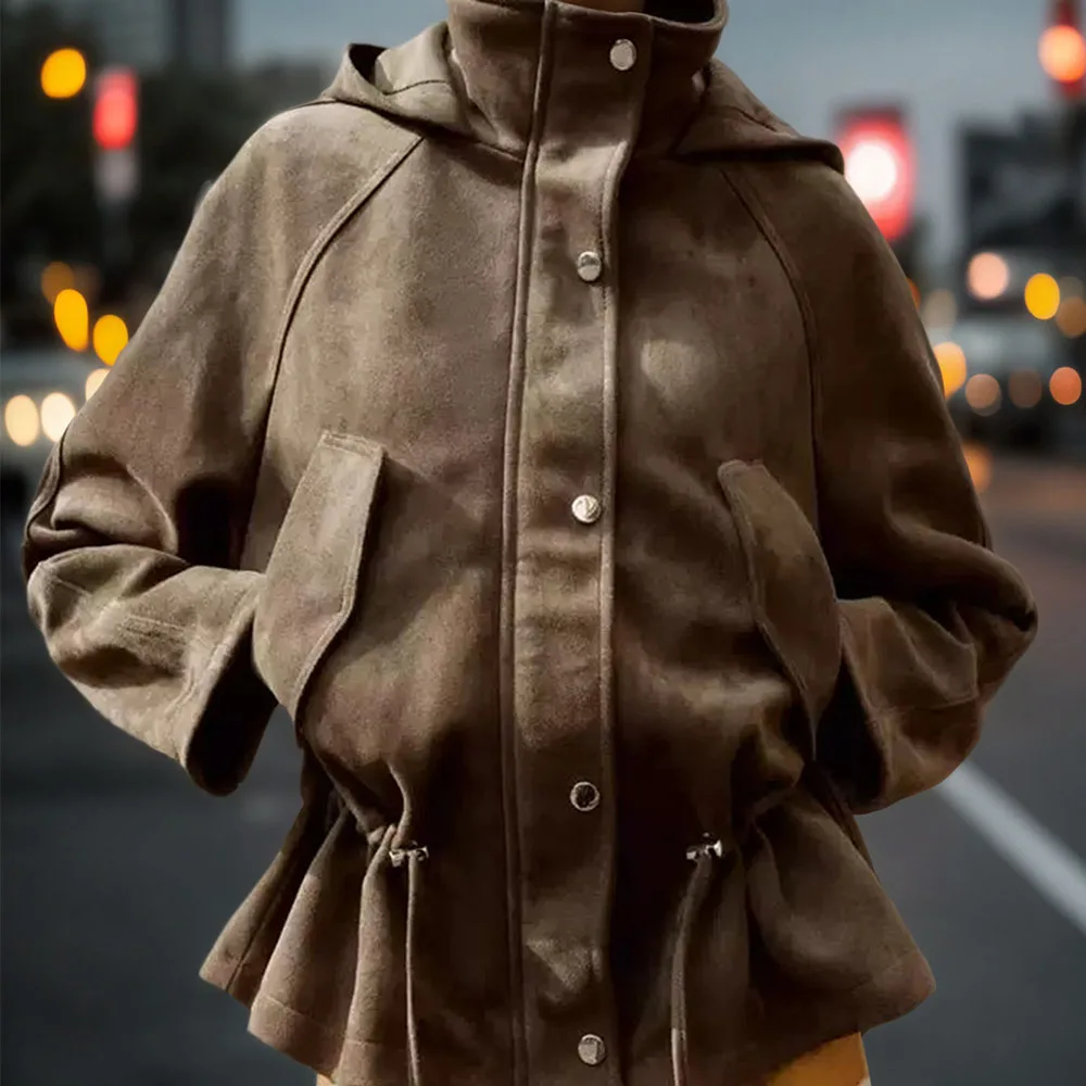 European and American style casual fashion stand-up collar reverse fur effect hooded jacket coat