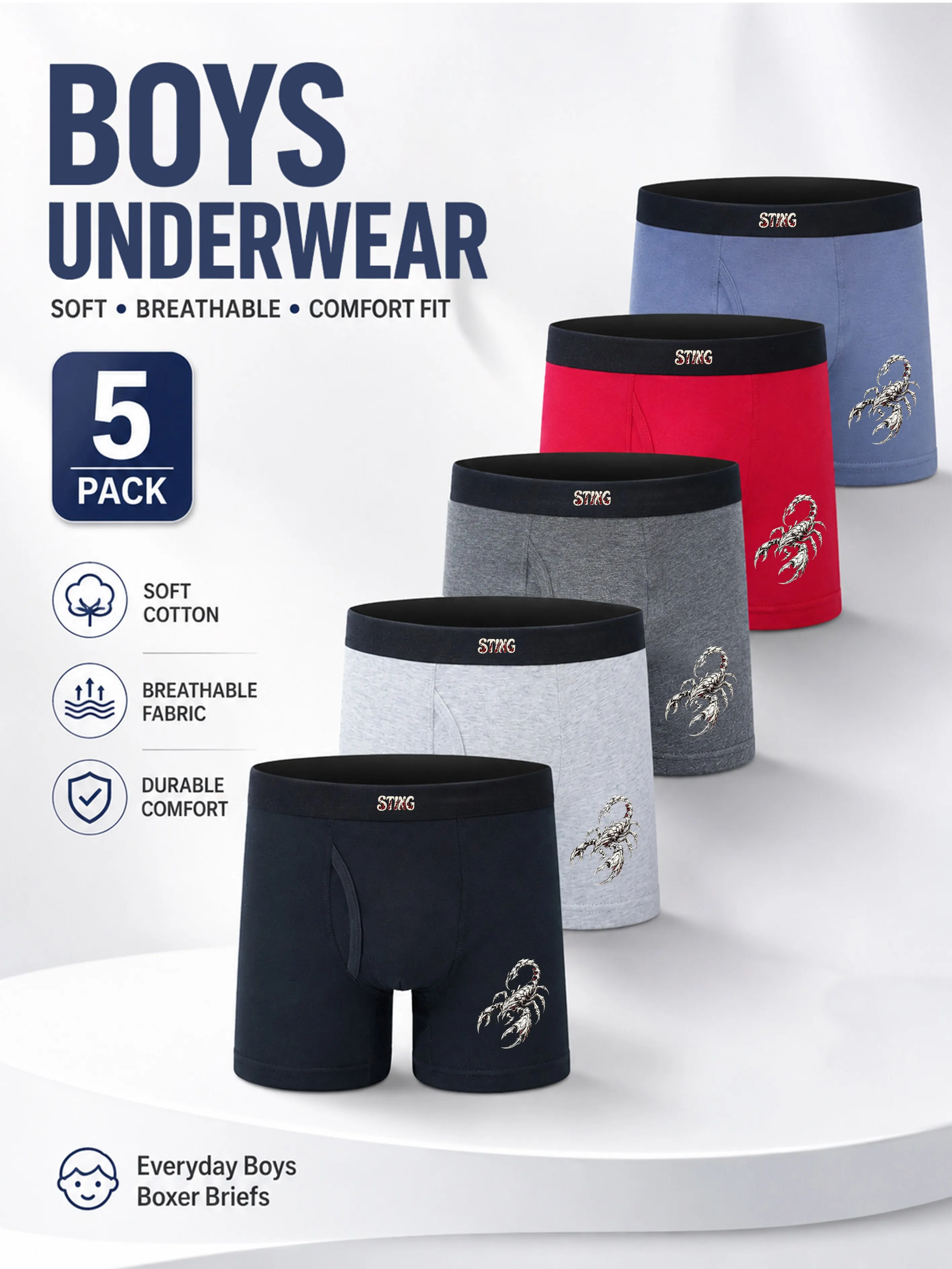 5PCS Boys' Adventure Capybara Print Boxer Briefs Soft Breathable Underwear 95% Cotton 5% Elastane Comfortable Children's Boxers