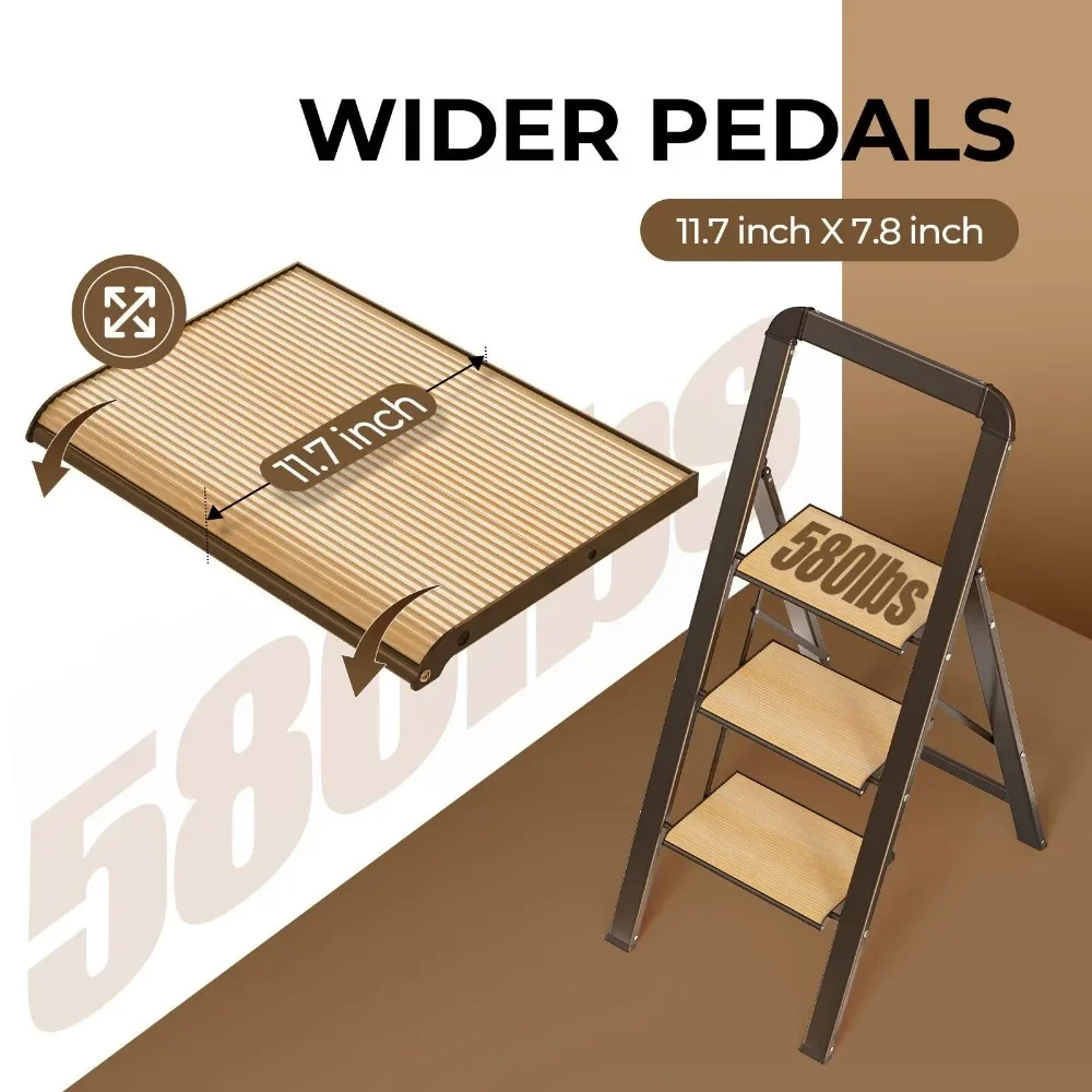 3 Step Ladder Folding Step Stool for Adults with Wide Anti-Slip Pedal, Aluminium Lightweight Foldable Step Ladders Brown