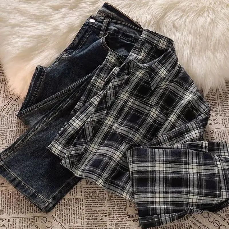 Cotton Plaid Shirts Letter Vest Flare Denim Pants 1 or Three Piece Set Spring Autumn Women Jeans Outfits Crop Tops Blouse Suits