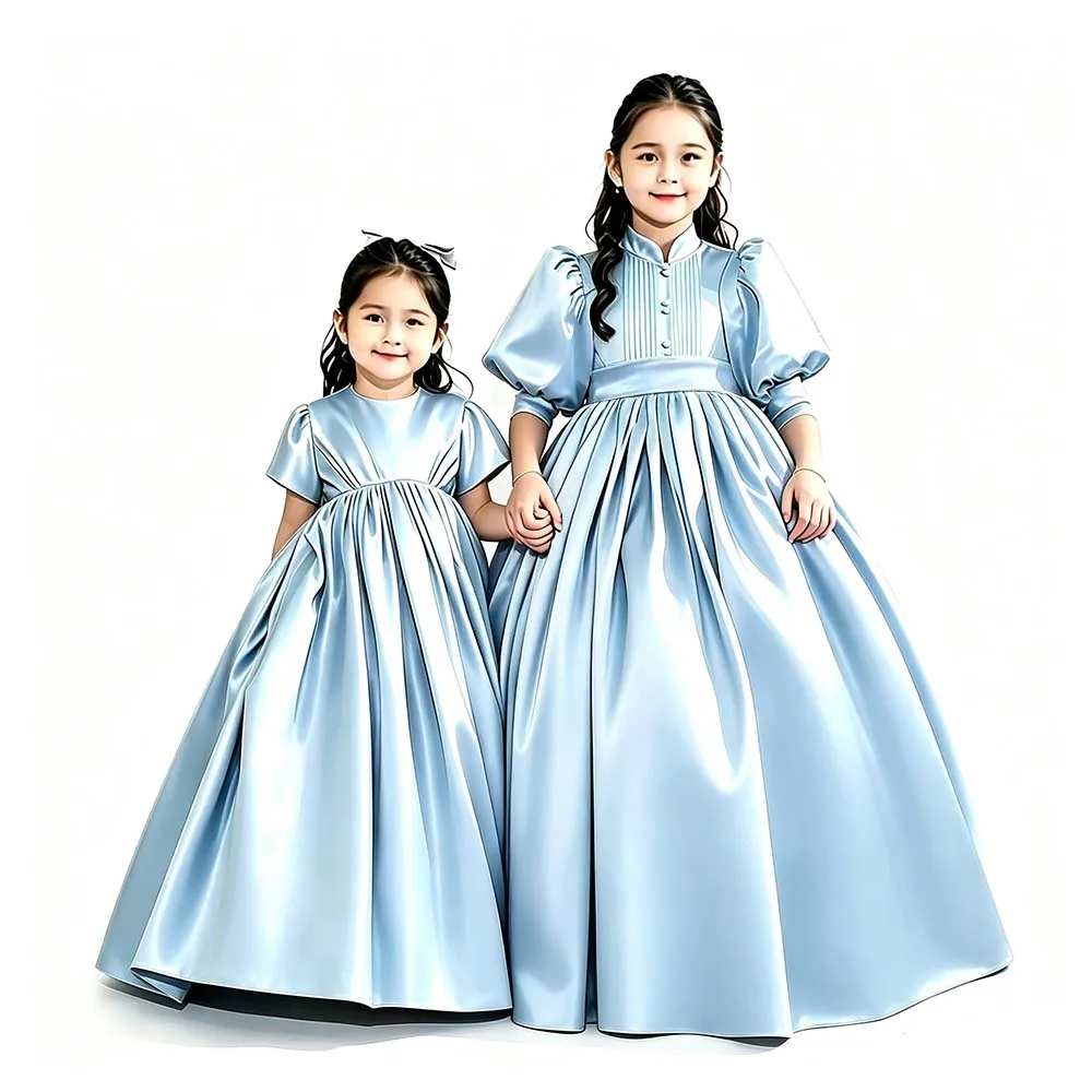 Classic Satin Pleated Flower Girl Dress for Wedding Kids High Neck Bubble Sleeves Ball Gown Princess Holy Communion Dress Custom