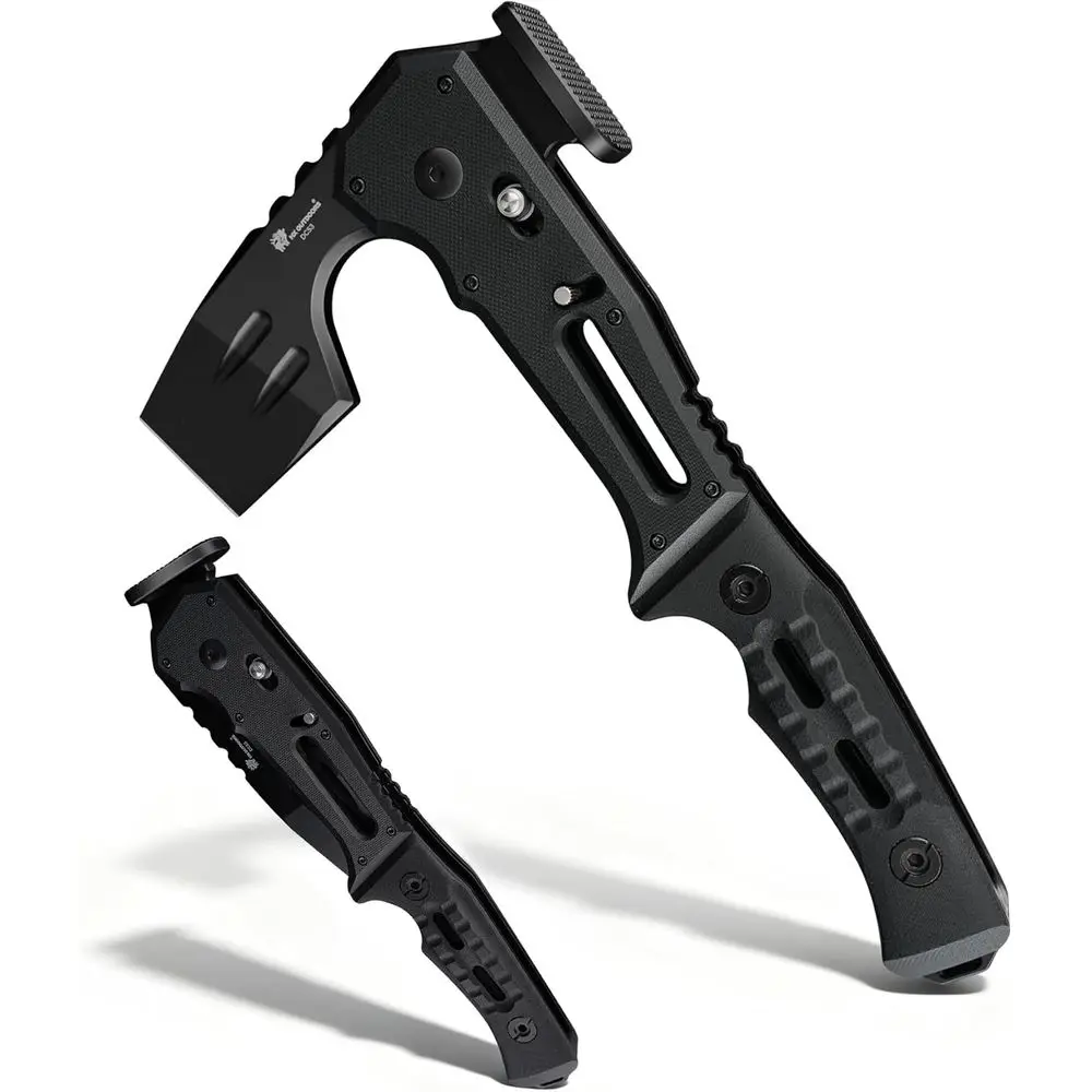 

Tactical Axe Survival Multitool, DC53 Steel Blade with Black Titanium, Camping Axe with Hammer & Bottle Opener, G10 Handle for O