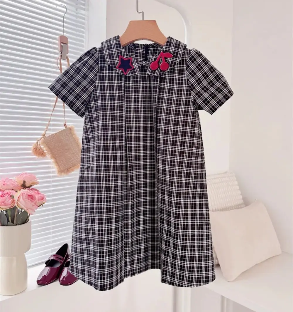 

Летнее платье для девочки, одежда для малышек, платье на день рождения, с вышивкой в виде вишневых звезд, клетчатый узор, платье в студенческом стиле