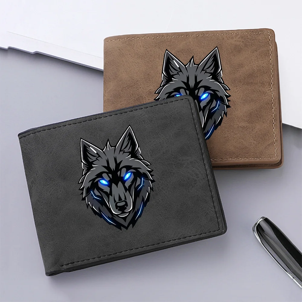 Men's Retro Bifold Wallet Cool Blue Eyes Wolf Pattern Double-Fold PU Leather Fashion Wallet Coin Bag Simple And Stylish