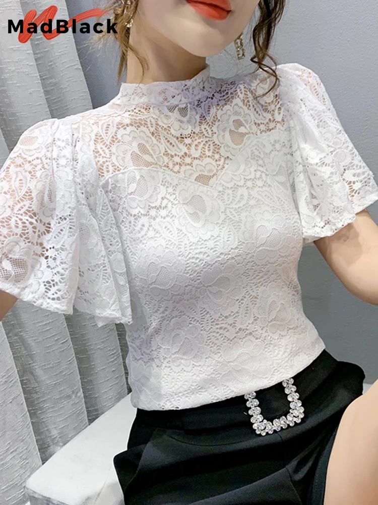 MadBlack Summer European Clothes T-Shirt Chic Sexy Lace Hollow Out Women Tops Short Flare Sleeve 2022 Casual Solid Tees T23004X