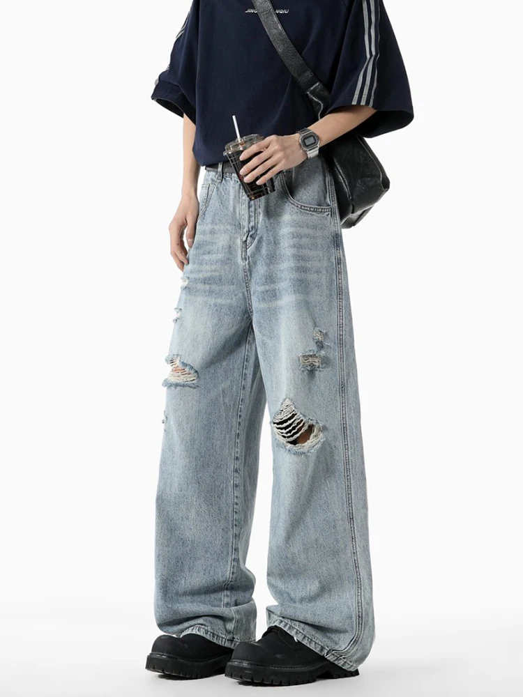 

Vintage Men's Distred Denim Jeans Summer Loose Wide Leg Long Trousers Street Sle Cool And Haome Breathable Cotton Pol...