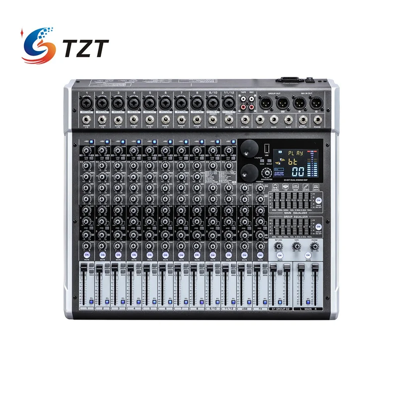TZT HERO12 12채널 믹서 Bluetooth 믹서 Professinoal 오디오 믹서(듀얼 99비트 DSP 효과 내장)