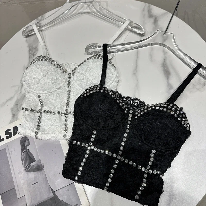 High Quality Hot Selling Internet Celebrity Same Style 2024 Hot Girl Socialite Rhinestone Lace Chest Cushion Camisole Vest Women