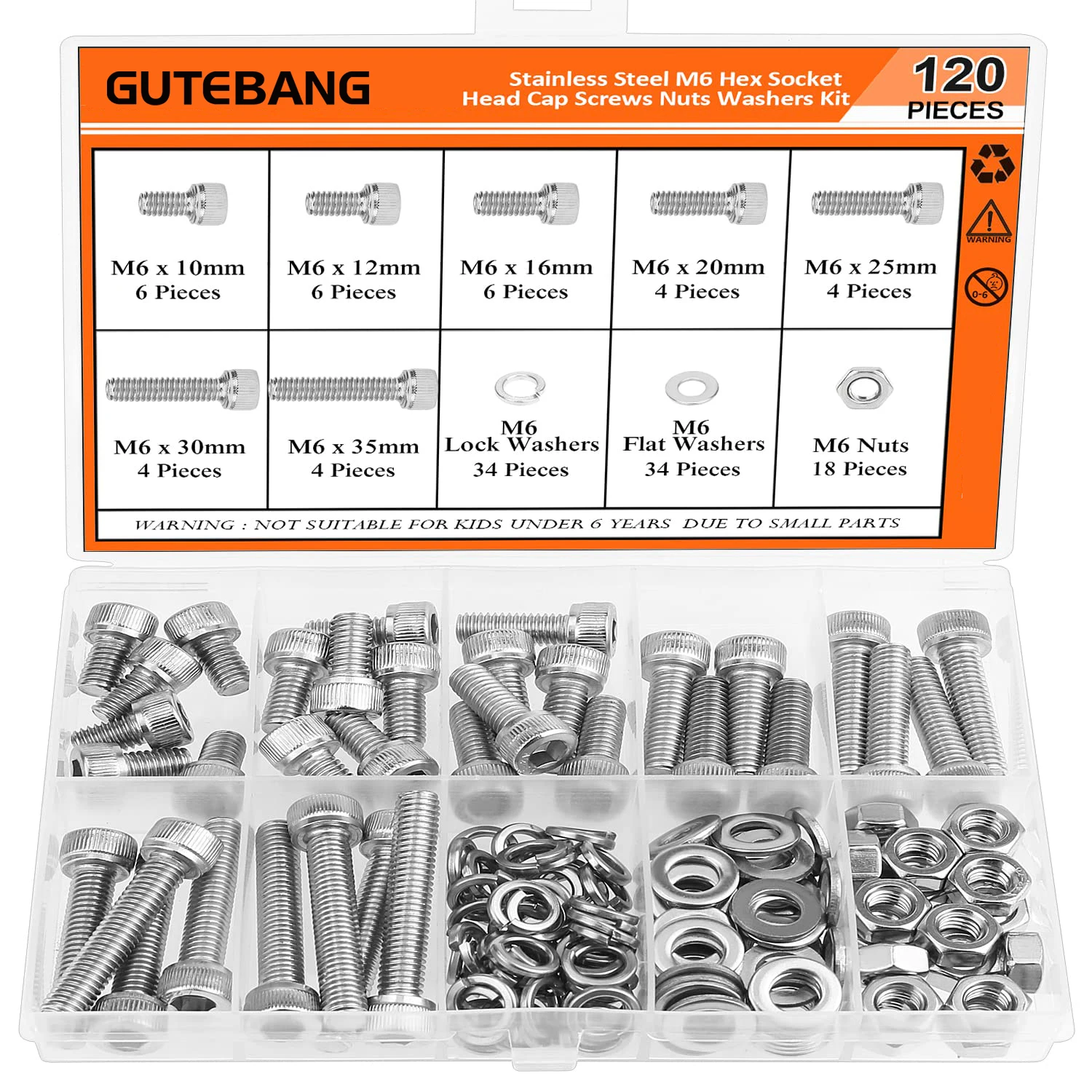 

120 pieces of M6 x 10 / 12 / 16 / 20 / 25 / 30 / 35 mm, hexagon head screws, nuts, washers and locknuts sets, stainless steel