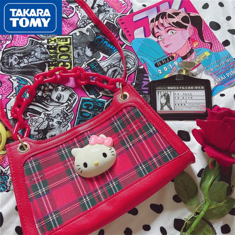 

TAKARA TOMY 2022 Новинка Hello Kitty девушки ПУ красная клетчатая Подмышечная сумка с цепочкой Милая Повседневная сумка через плечо с магнитной пряжкой