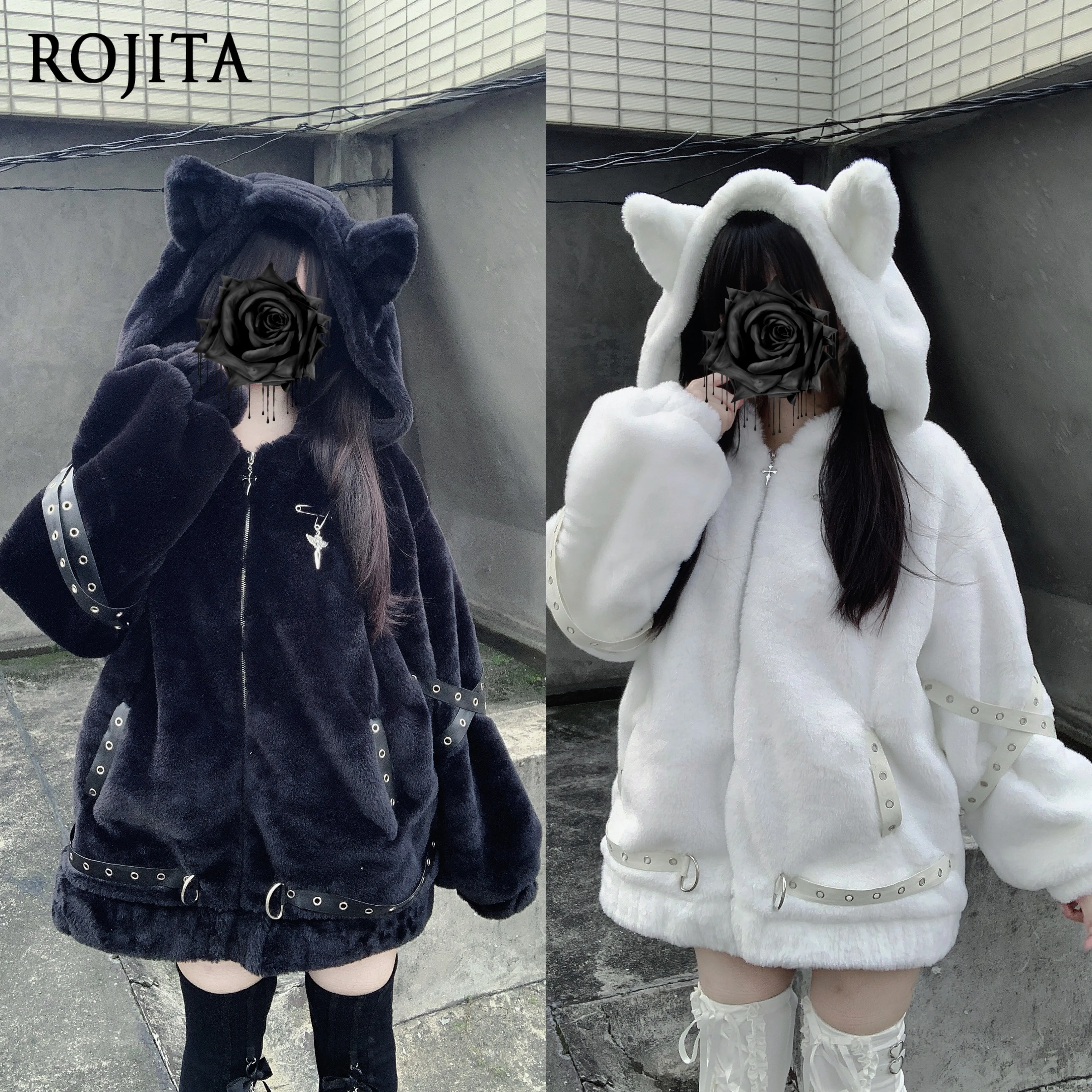 Harajuku Dark Sweet Plush Fleece Hoodie Jacket Women Cat Ear Hood Cross Ornament PU Band Decoration Loose Warm Winter Coat