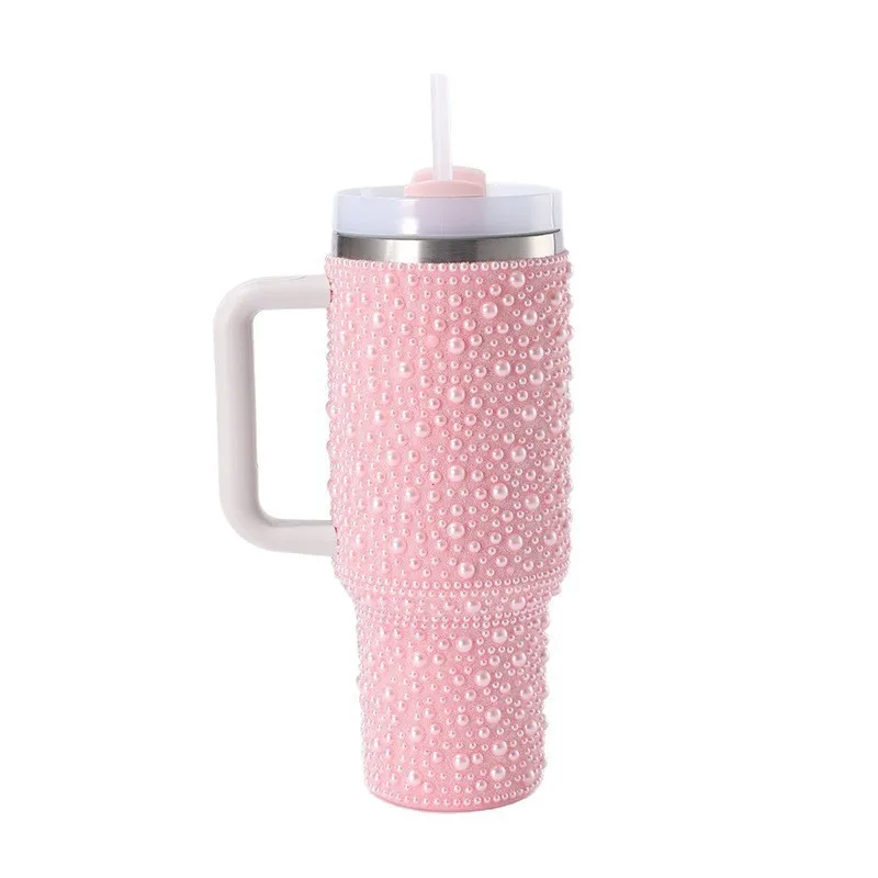 

40oz Bling Pearls Tumbler Thermos Bottle Double Layer Stainless Steel Straw Cup With Handle Vacuum Insulated Water Bottle