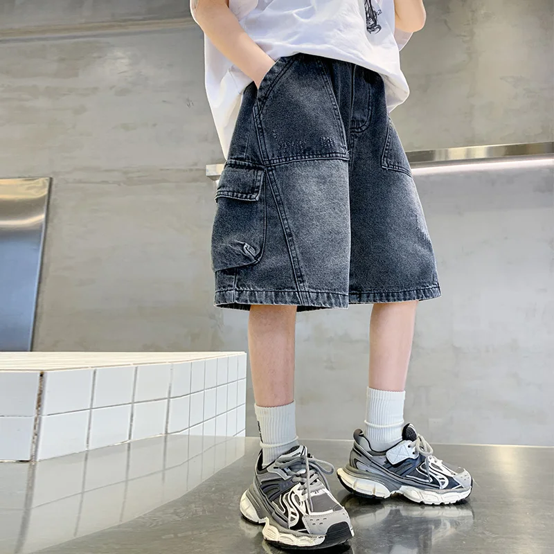 

High Quality Item Teenage Boys Blue Denim Shorts Vintage Knee-Length Casual Cargo Trousers Fashion Outfit for Toddlers Ages 4-14