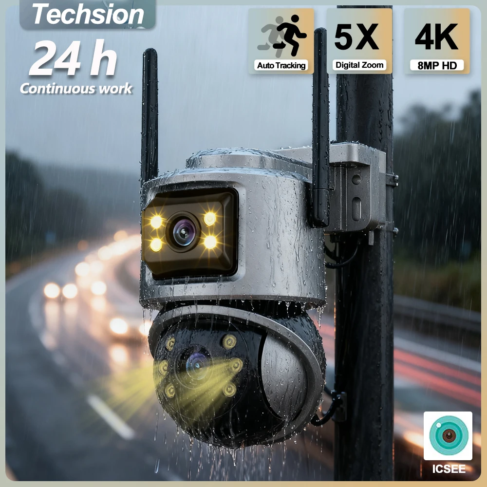 Outdoor 4K 8MP PTZ IP Camera with UPS Dual Lens Dual Screen Auto Tracking 2-Way Audio Works During Power Outage ICSEE Alexa