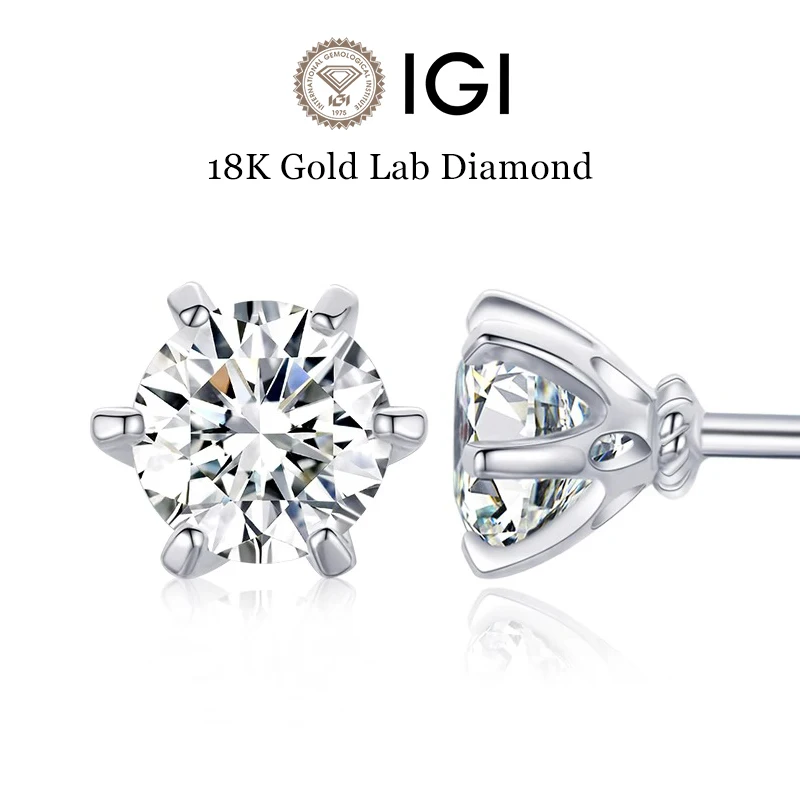 GEMMASTER 18K White Gold Lab Grown Diamond Ear Studs With IGI certificate Real 0.5ct 1ct Lab Dimond Earring Studs Unisex style