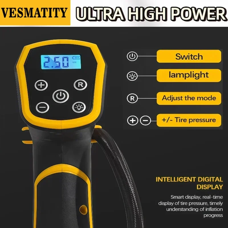 VESMATITY Cordless Car Tire Inflator 830kPa Digital Display LED Light 20V Portable Professional Heavy Duty Tool Max Pro Unit
