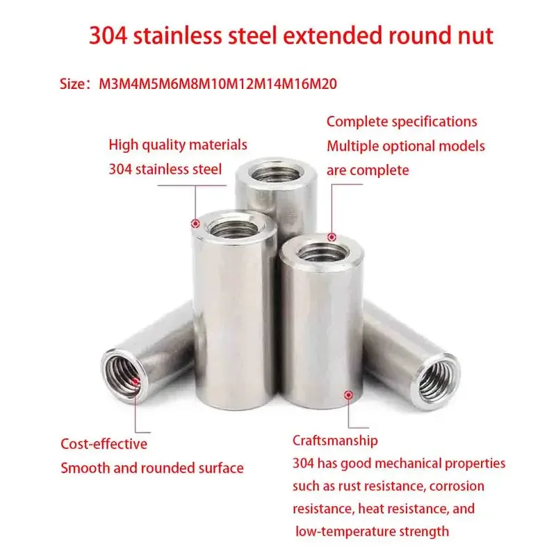 Extended Cylindrical Coupling Nut 304 Stainless Steel For Threaded Rod Connection M3 M4 M5 M6 M8 M10 M12 M16 M20