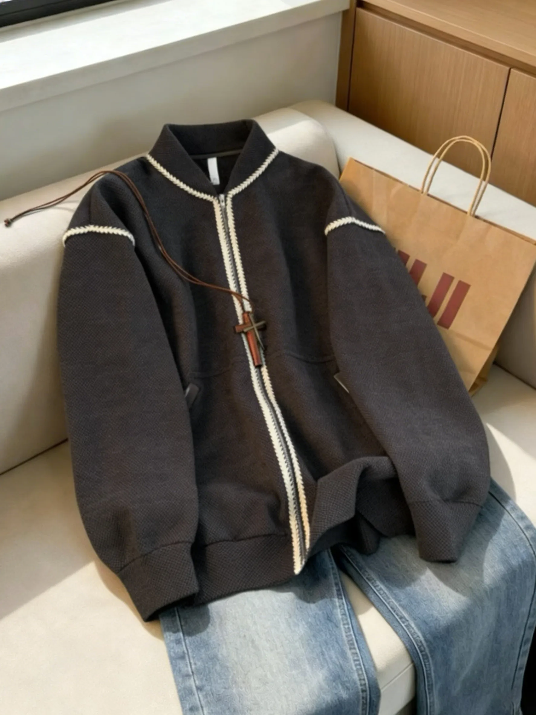 

Мужской кардиган Deep ey Ionic Honeycomb Open Cardigan, весенне-осенний, повседневный, свободного кроя, в стиле бейсбольной куртки, уникальный дизайн