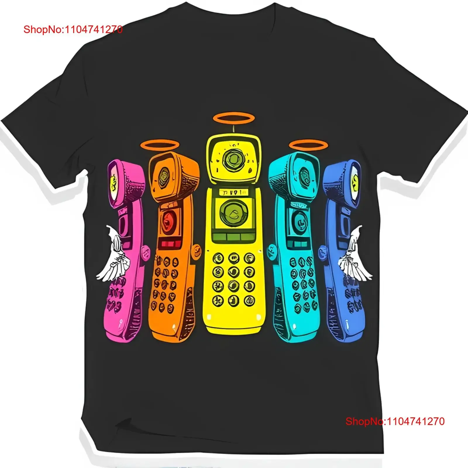Retro Inspired Black T Shirt with Colorful Phone vintage Washed Stretched streetwear homme Casual Soft Slightly graphic