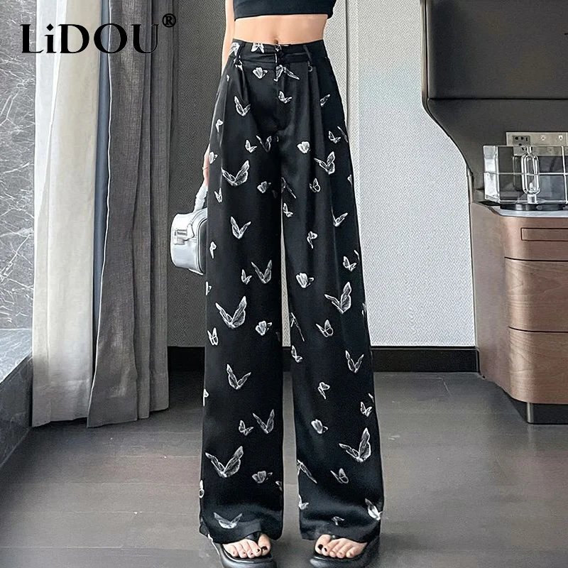 Summer New Fashion Streetwear Butterfly Printing Wide Leg Pants Female Loose Casual Harajuku Y2K Chain Trousers Women's Clothing