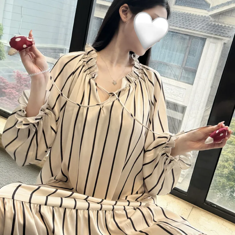 Fashionable Striped Ice Silk Nightdress Women Summer New Thin French Long-sleeved Pajamas Women Satin Dress Casual Pyjamas Sets