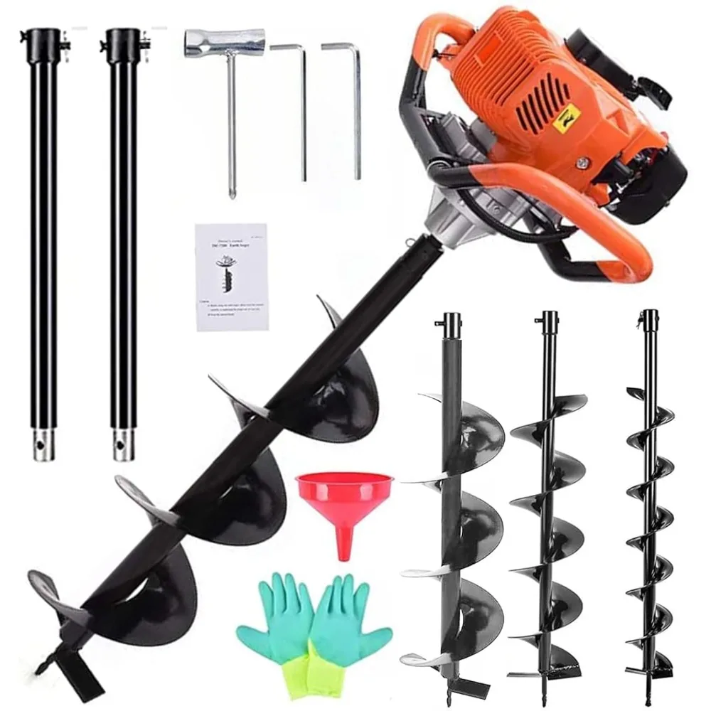 

72cc Post Hole Digger, Gas Powered Digger with 2 Extension Rods(24'' &24'') + 3 Auger Drill Bits(3'' &5'' &8''),