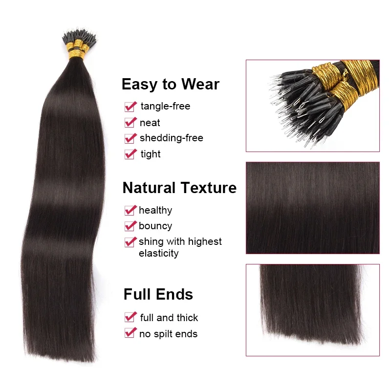Straight Nano Ring Human Hair Extensions For Women 50Pcs Micro Ring Hair Extensions Human Hair Keratin Capsule Fushion Hair