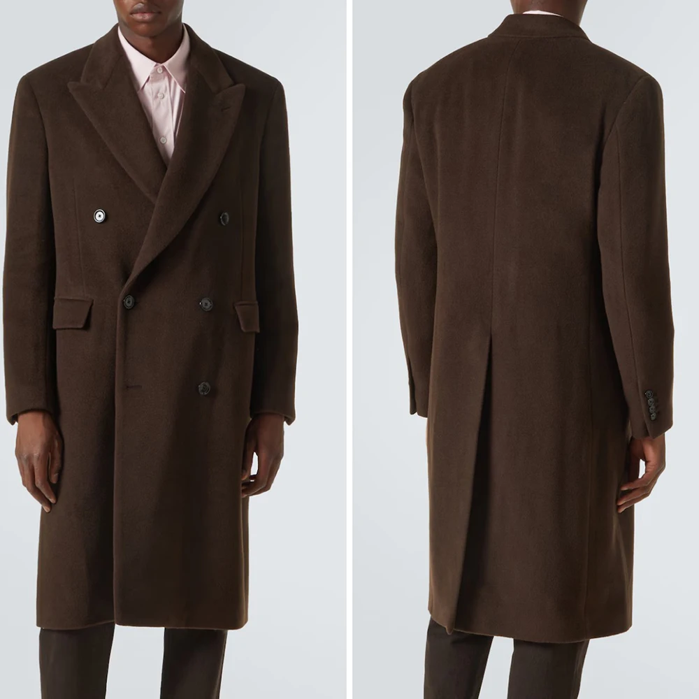 معطف شتوي طويل من الصوف للرجال بلغت ذروتها معطف مزدوج الصدر دافئ بقصة ضيقة سترة عمل فقط مصنوعة حسب الطلب