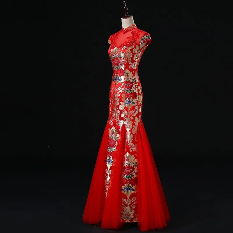 Chinese-style fishtail banquet evening gowns red performance costumes cheongsams fashion shows and host dress performances