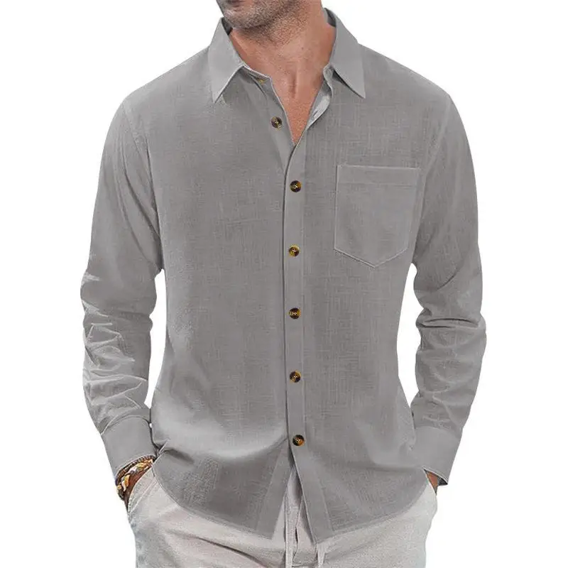 Men's Casual Linen Shirt Button Front Collar Pocket Standard Fit Long Sleeve PU Leather Cleanfit Style Pure Color Summer Shirt