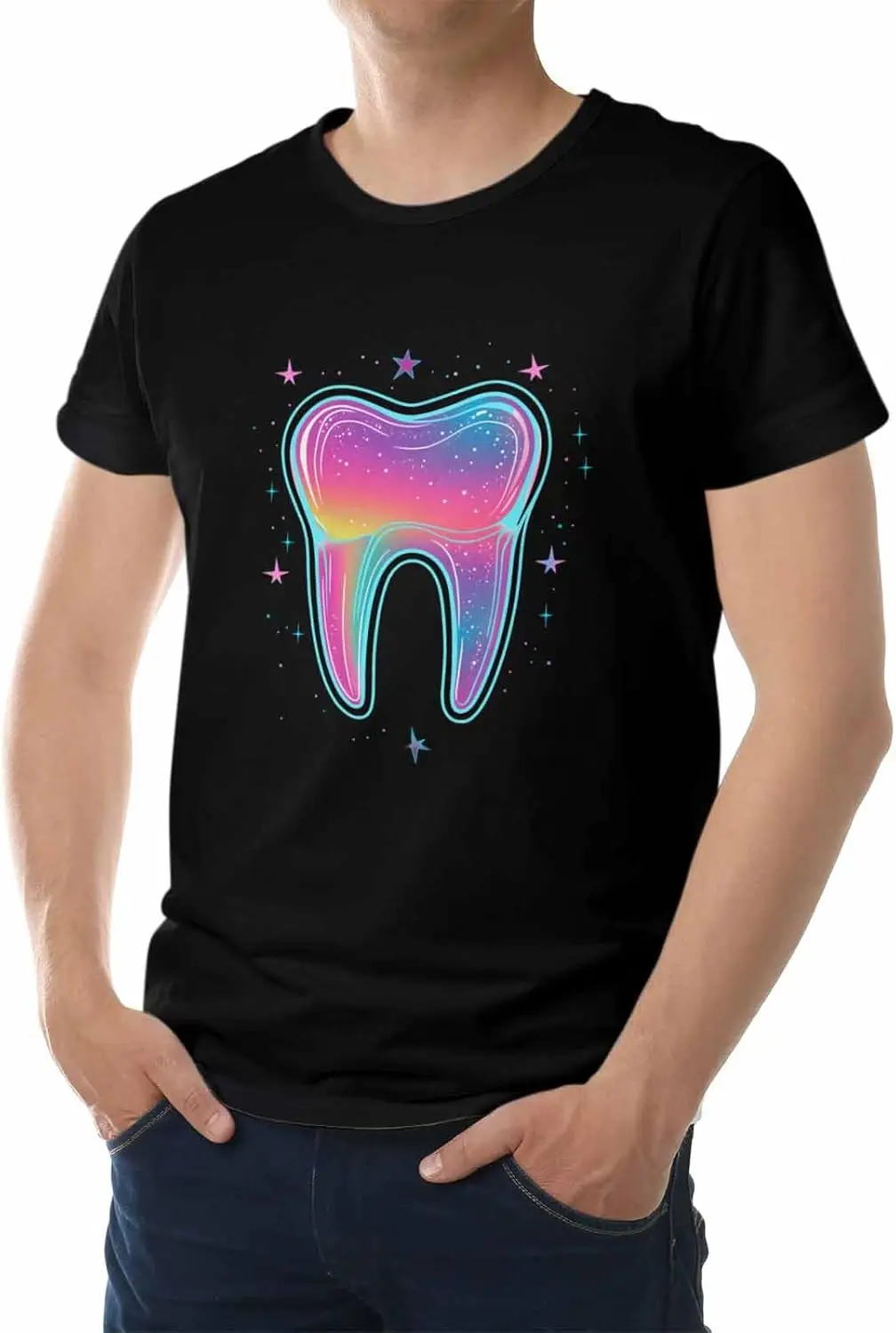 Men's T-Shirt, Novelty Graphic T-Shirt Rainbow Star Teeth Cotton Crew Neck Men's Short Sleeve Basic Tshirts Black-L