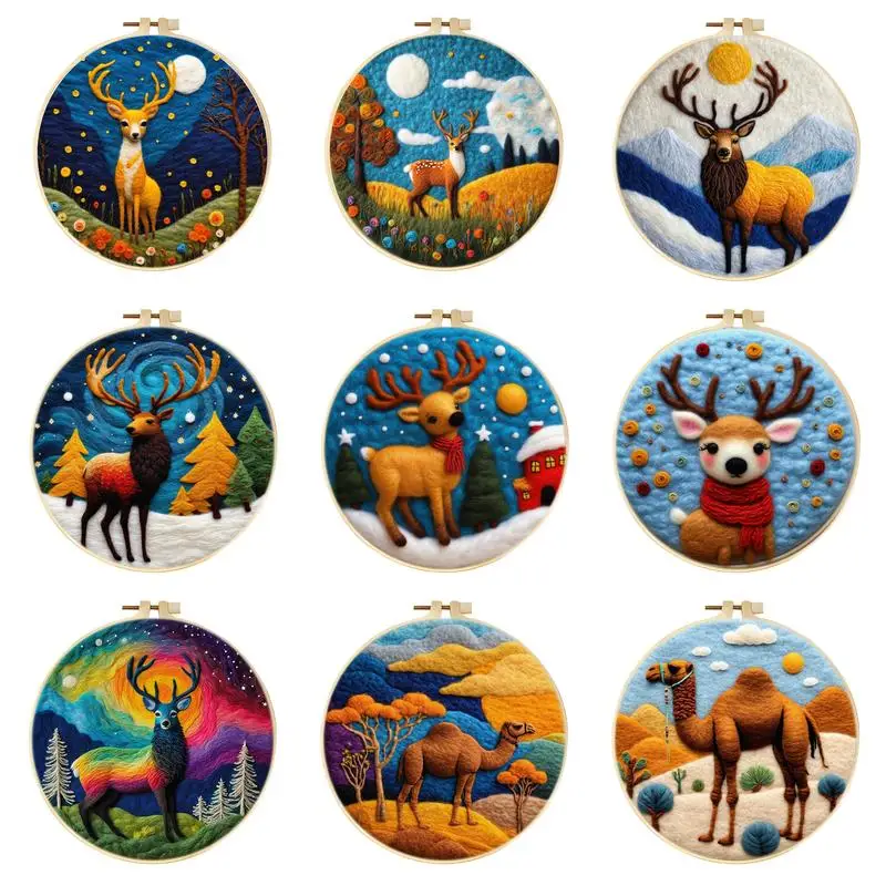 

CHENISTORY Diy Wool Embroidery Kit Creative Diy Wool Needle Felt Painting Sika Deer And Camel Picture Diy Kit Craft Gift
