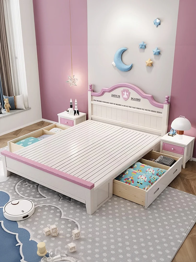 سرير أطفال من الخشب الصلب سرير الأميرة للفتيات 1.5 متر تخزين من الخشب الصلب للفتيات باللون الوردي #2