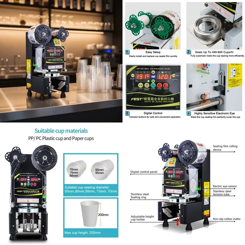 Automatic Sealing Machine for Paper Plastic Cups Beverage Milk Tea Coffee Yogurt Juice Boba Bubble Tea Food Packaging