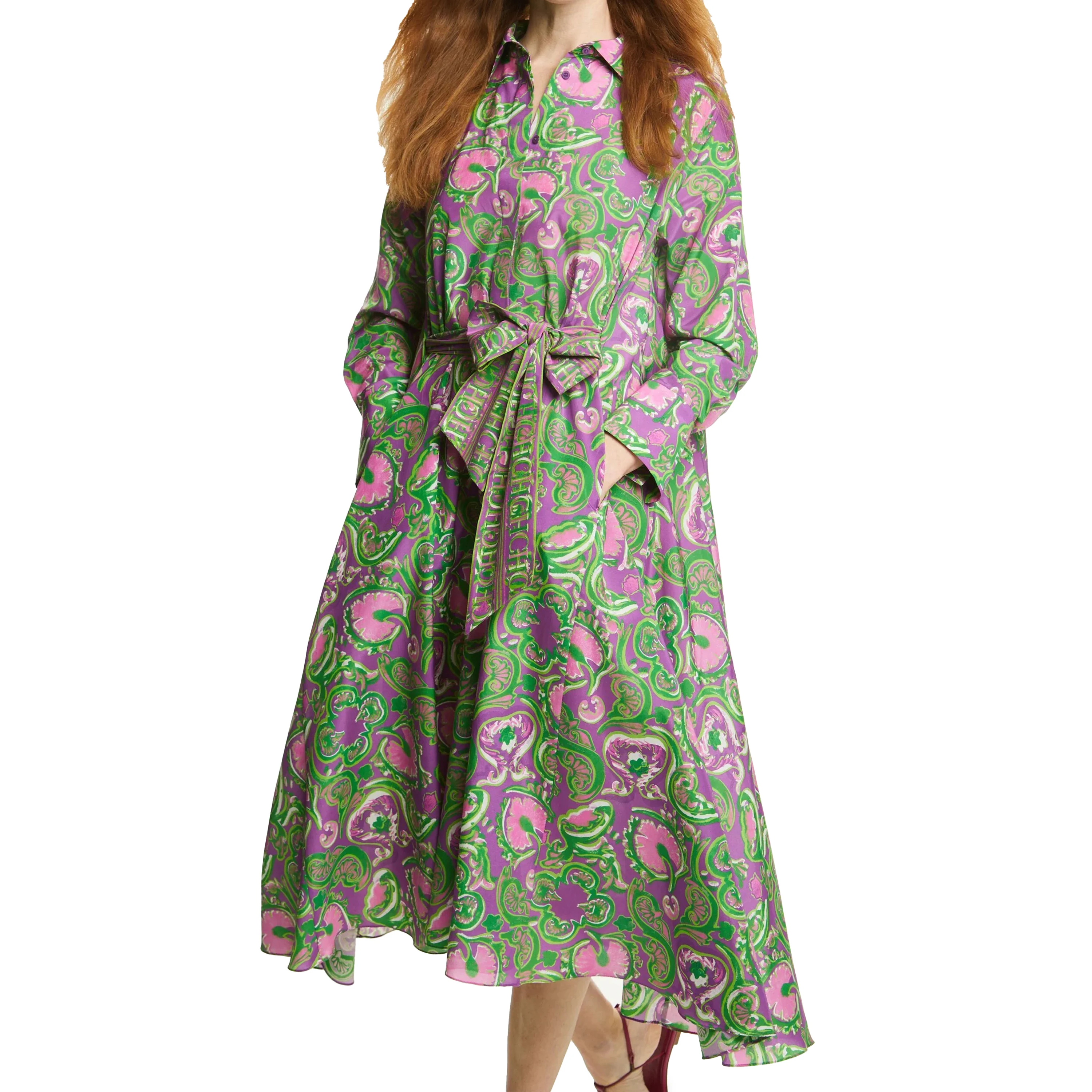 CHCH Women\'s Dress New Long sleeved Polo Collar Printed Shirt Dress Business Casual Long Dress