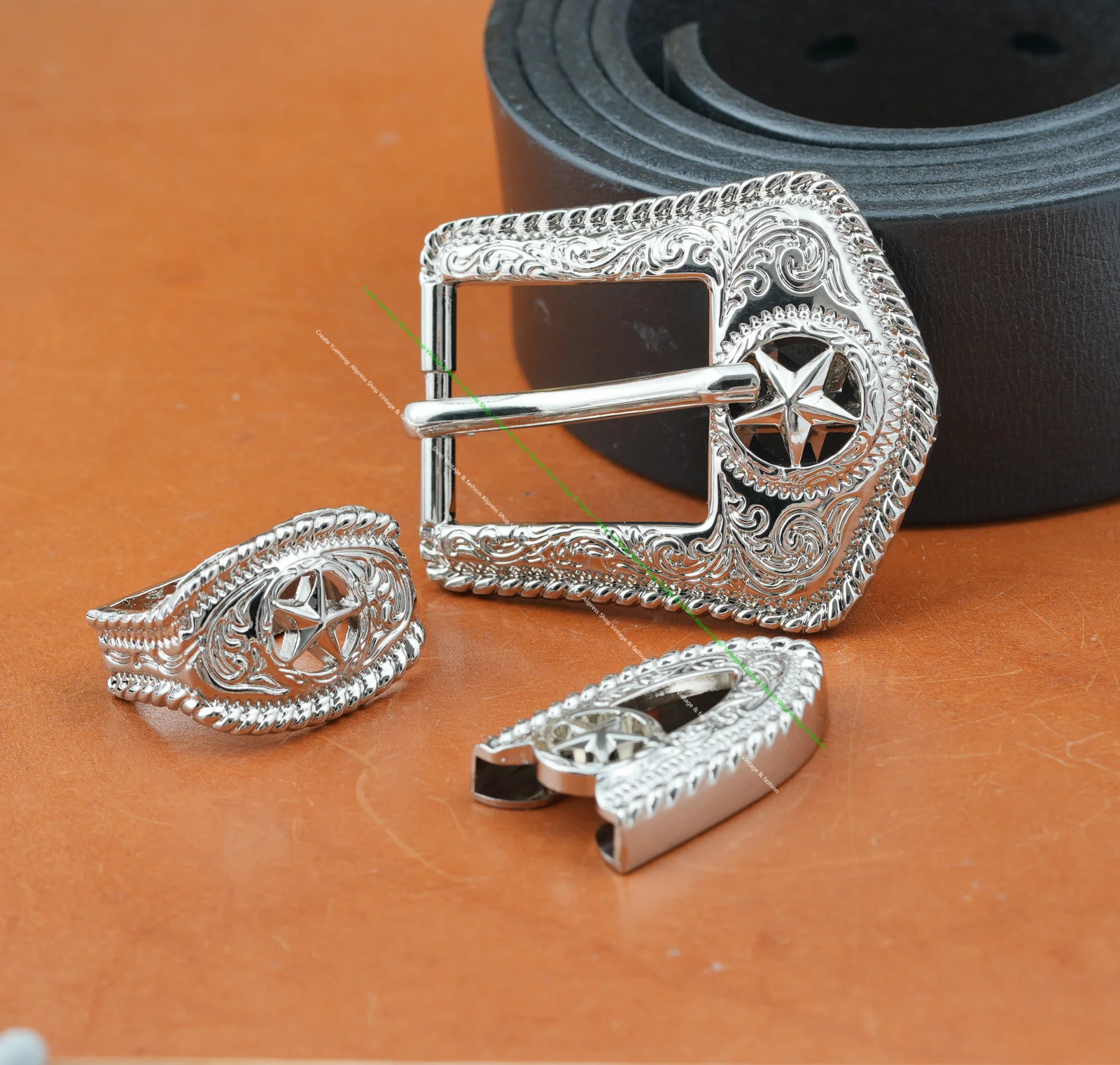 Silver Western Cowboy Texas Star Leathercraft Belt Buckle Set 3-Piece Set Filigree Engraved for 1" Leather Straps - view 6
