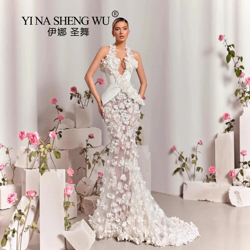New Arrival White Three-Dimensional Embroidered Flower Sexy Low-Cut Halter Fake Two-Piece Dress Haute Couture Evening Wedding view 2