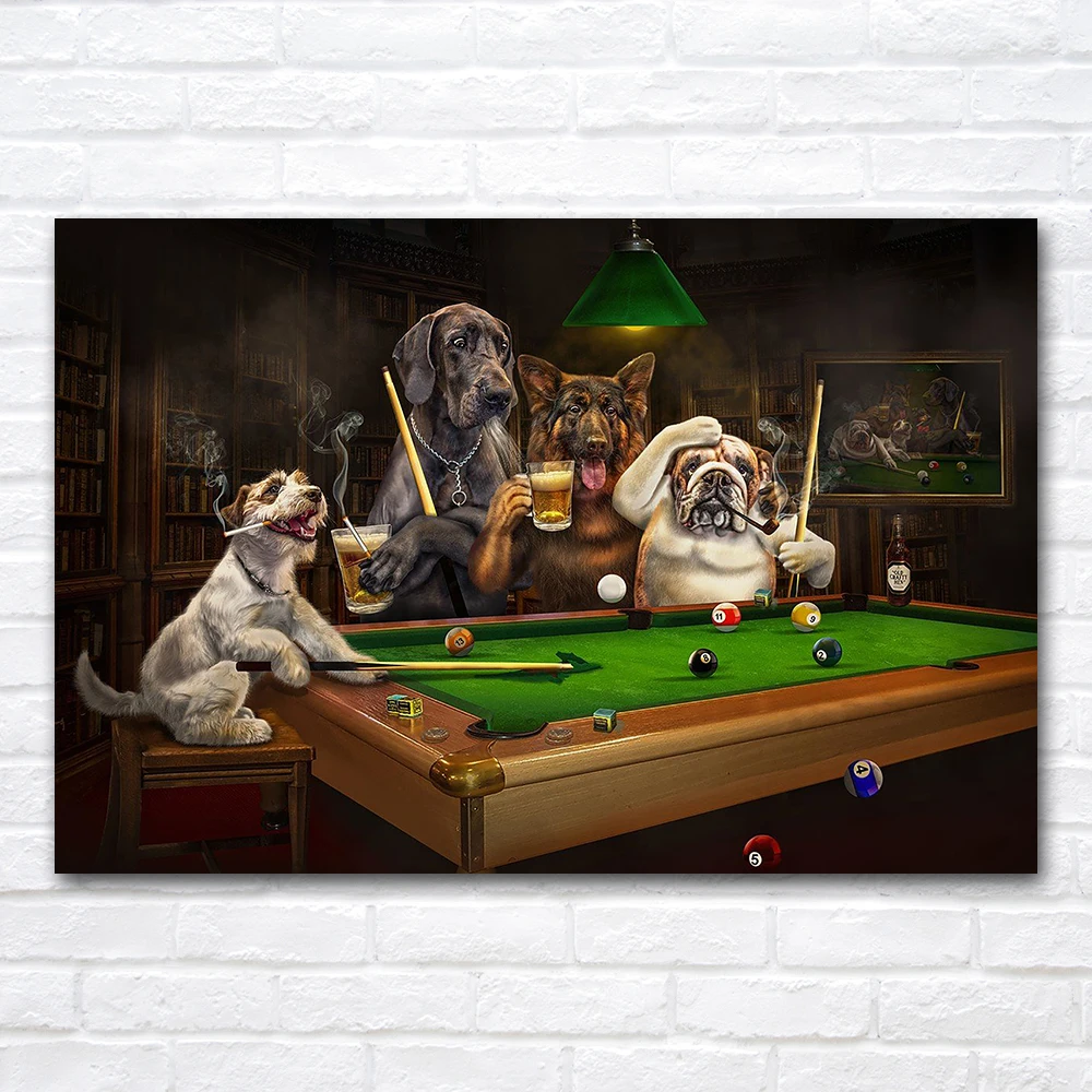 Dogs Playing Pool Billiards Wall Art Canvas Painting Funny Poster Print Mural Wall Decoration Painting Illustration