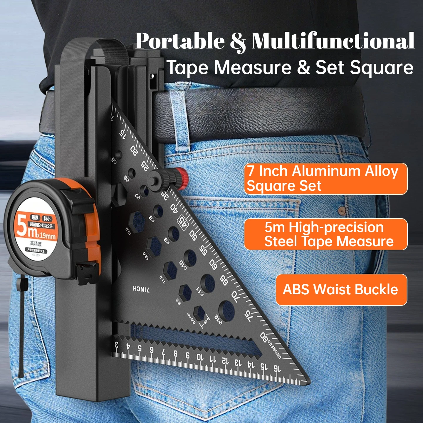 7 Inch Rafter Square with Square Holder Square Master Holster for Tool Belt Woodworking Pencil and Tape Measure Carpenter