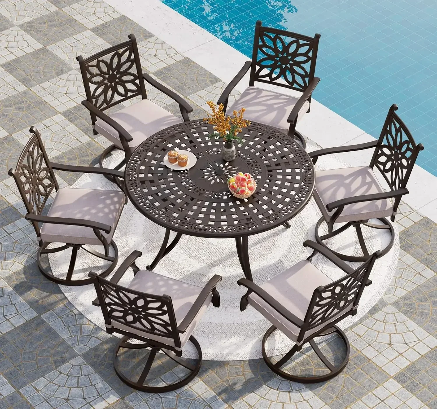 Cast Aluminum Patio Dining Set for 6 Person, 7 Piece Outdoor Patio Set with 54