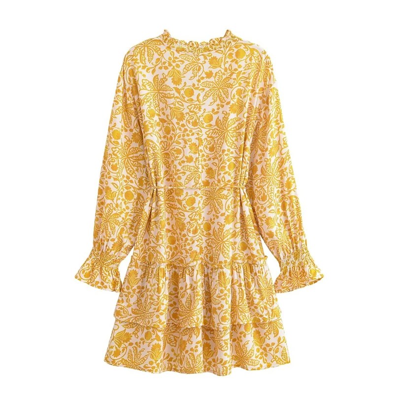 KEANKETIAN 2025 Nuovo stile bohemien Stampa floreale Mini abito in viscosa Perline Con lacci Scollo a V Abiti corti freschi da donna a strati