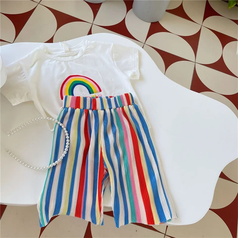 Girls Summer Set Kids Fashion Suits Baby T-Shirt+Striped Pants 2Pcs Toddler Casual Clothing New Children Short Sleeves Outfits