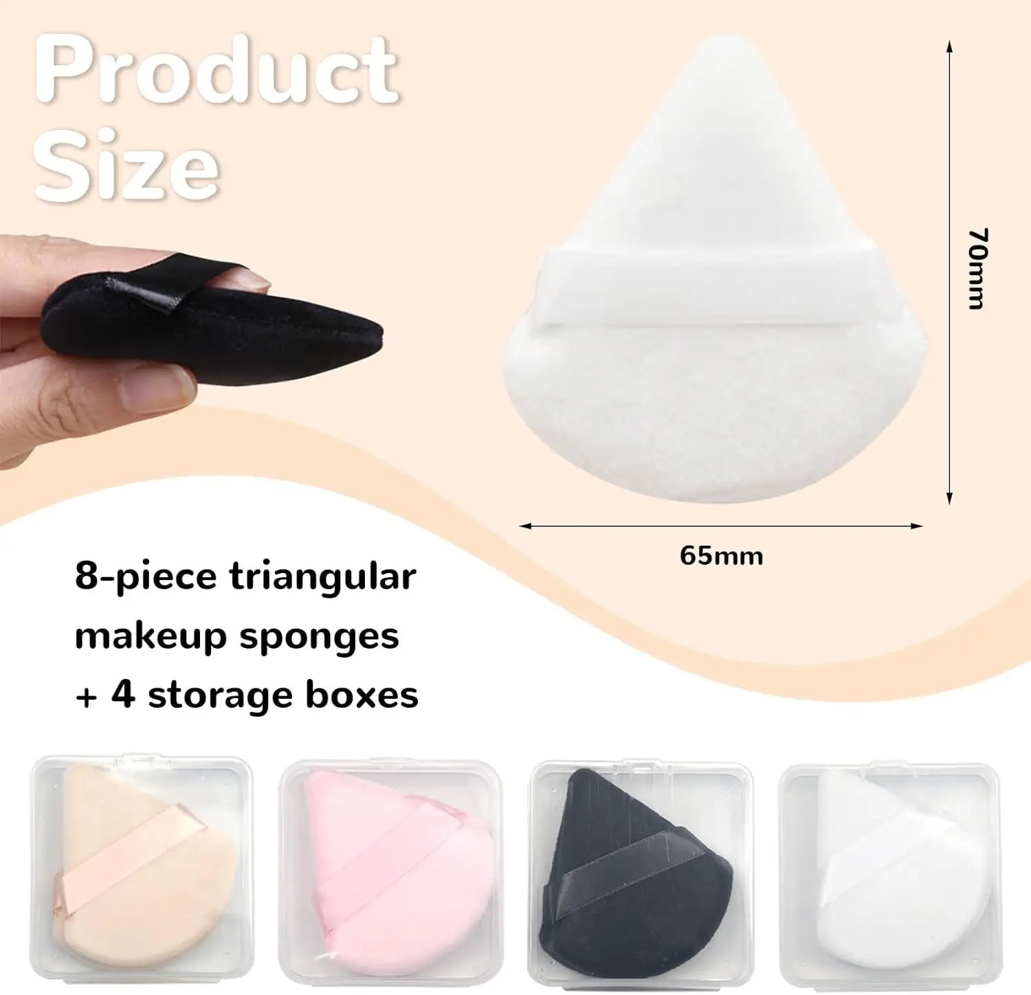8pcs Velour Powder Puff Set w/4 Travel Cases | Triangle Reusable Makeup Puffs for Loose/Foundation Powder | Cosmetic Sponge Kit