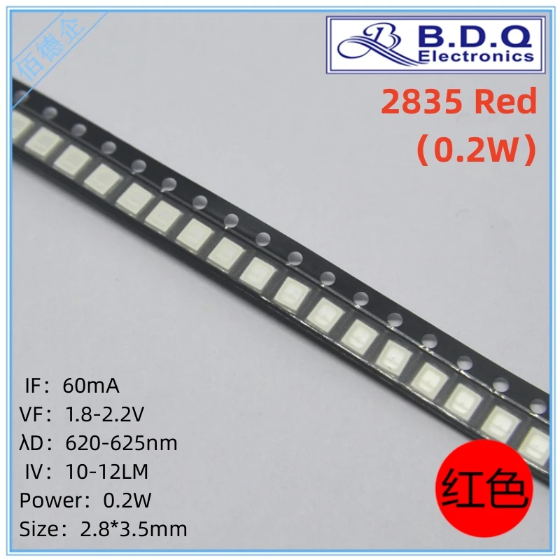 100Pcs SMD LED 2835 0.2W Red 620-625nm LED Lamp Beads  Size 2835 Light-emitting Diode High Bright Quality