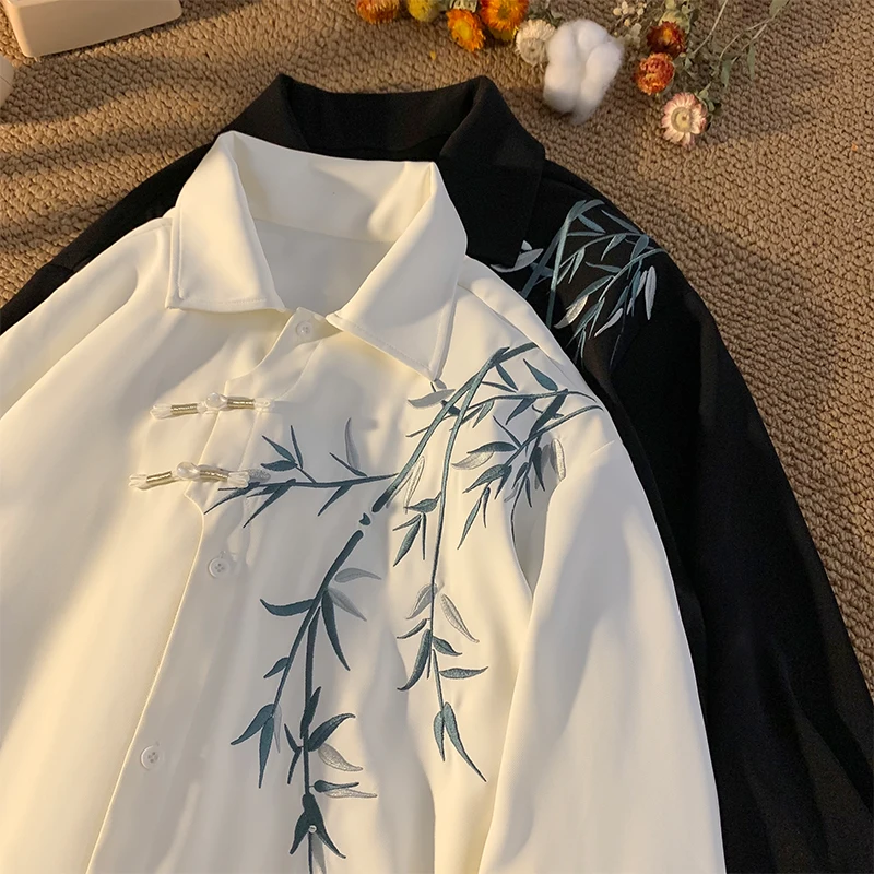 New Men\'s White Shirt Bamboo Leaf Embroidery Shirt Plate Button Design Shirts Traditional Tang Clothing Men Women Blouse