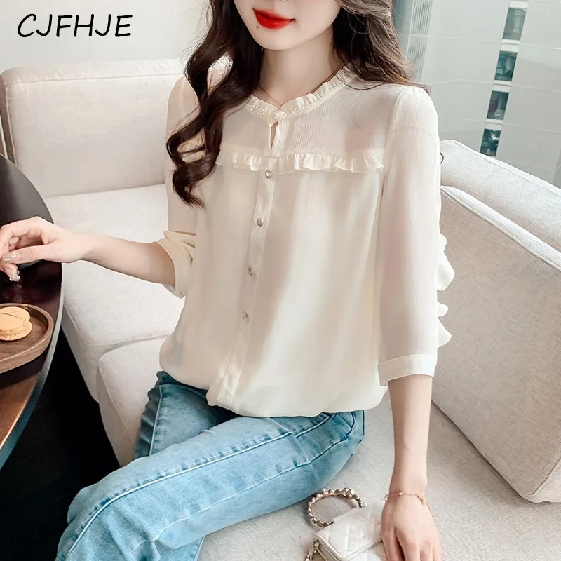 CJFHJE Spring Women's Chiffon Shirt Double Layered Small Shirt Top Temperament 3/4 Sleeve Fashion Wooden Ear Edge Spliced Shirt